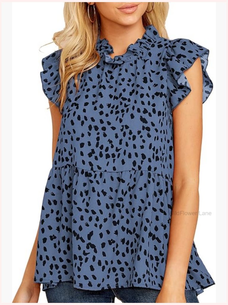 Cap Sleeve Ruffle Neck Babydoll Blouse Tunic Top